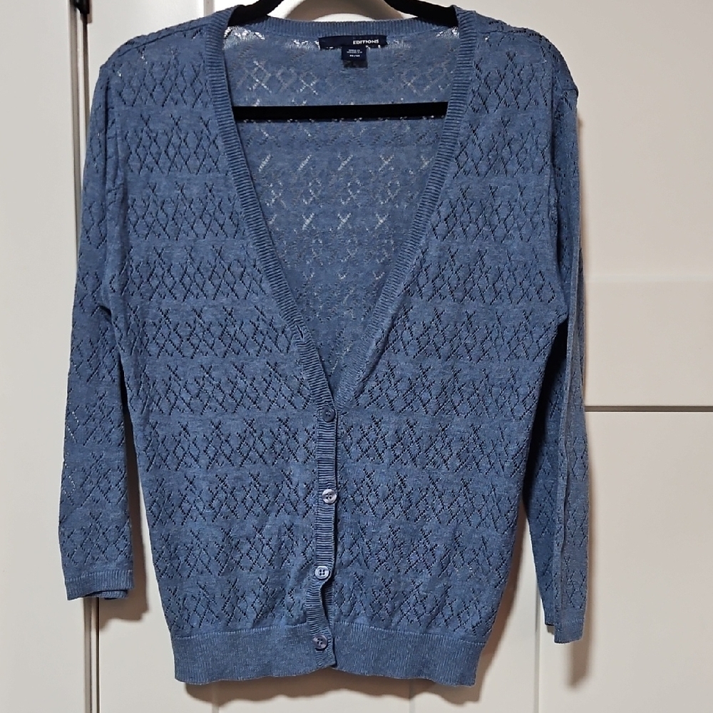 Basic Editions Blue Pointelle Knit Cardigan Women's Size Medium